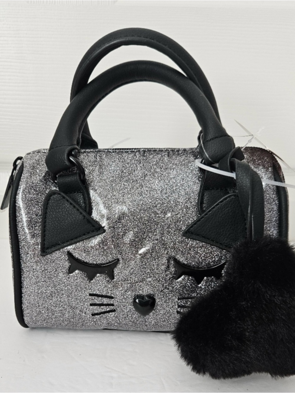 Glitter Cat Mini Satchel Crossbody - Silver with Black Trim
